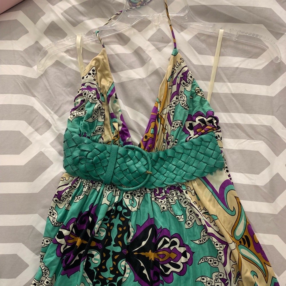 Sky Braided-Waist Printed Halter Sundress in Teal, Purple, Cream